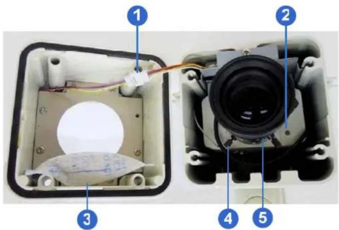 Labeled diagram of an electronic device showing internal components including a camera lens and wiring, with numbered parts 1 to 5.