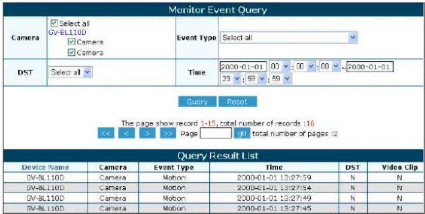 Monitor Event Query Camera Select all GV-BL110D Camera Camera Event Type Select all DST Select all Time 2000-01-01 00 : 00 : 00 ~ 2000-01-01 23 : 59 : 59 Query Reset The page show record 1-15, total number of records :16 << < > Page 90 total number of pages :2 Query Result List Device Name Camera Event Type Time DST Video Clip GV-BL110D Camera Mobon 2000-01-01 13:27:59 N N GV-BL110D Camera Mobon 2000-01-01 13:27:54 N N GV-BL110D Camera Mobon 2000-01-01 13:27:49 N N GV-BL110D Camera Mobon 2000-01-01 13:27:45 N N