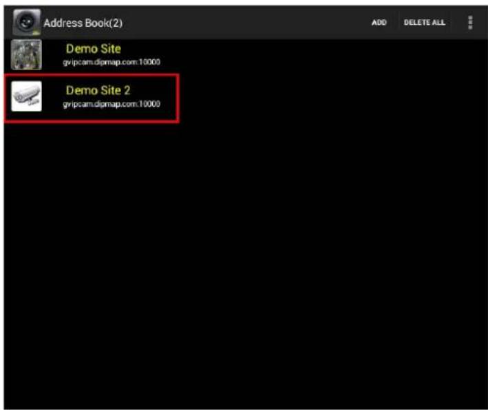 Address Book(2) Add DELETE ALL Demo Site gvipcam.dipmap.com.10000 Demo Site 2 gvipcam.dipmap.com.10000