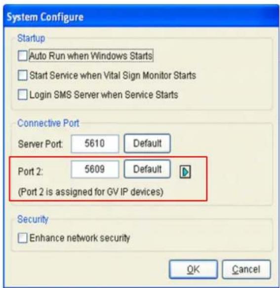System Configure Startup Auto Run when Windows Starts Start Service when Vital Sign Monitor Starts Login SMS Server when Service Starts Connective Port Server Port: 5610 Default Port 2: 5609 Default (Port 2 is assigned for GV IP devices) Security Enhance network security OK Cancel