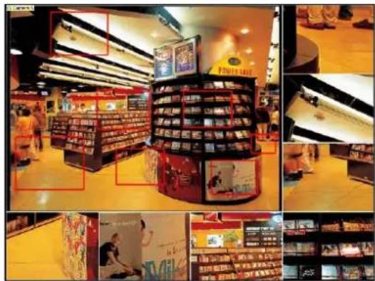 Street photo of a supermarket interior with visible product shelves and promotional posters, including red annotations highlighting features.