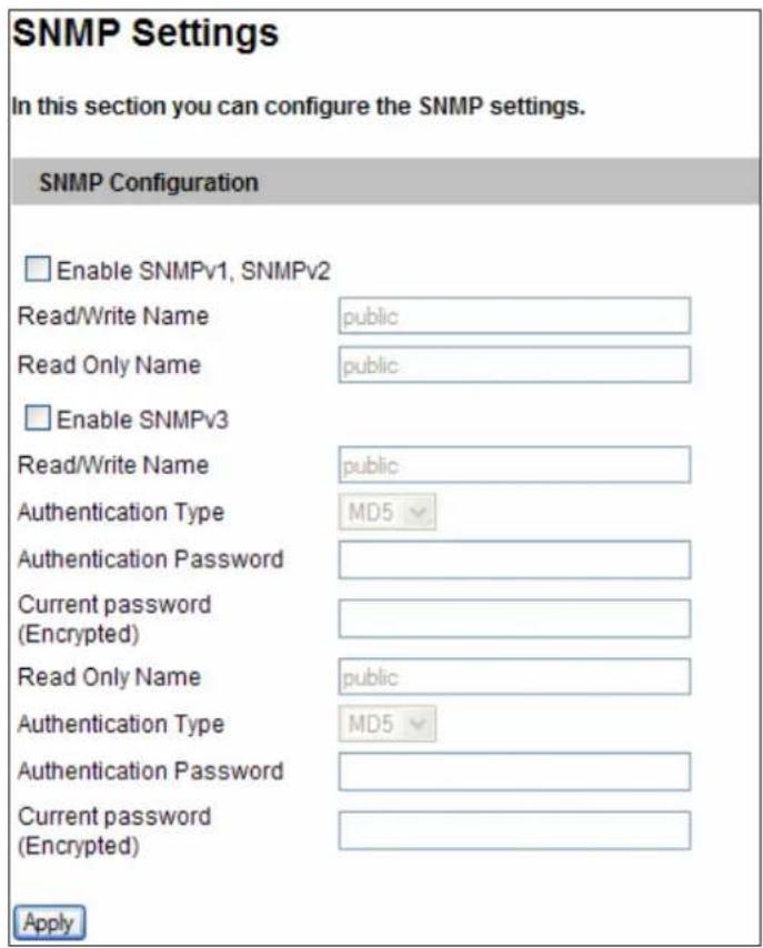 SNMP Settings In this section you can configure the SNMP settings. SNMP Configuration Enable SNMPv1, SNMPv2 Read/Write Name public Read Only Name public Enable SNMPv3 Read/Write Name public Authentication Type MD5 Authentication Password Current password (Encrypted) Read Only Name public Authentication Type MD5 Authentication Password Current password (Encrypted) Apply