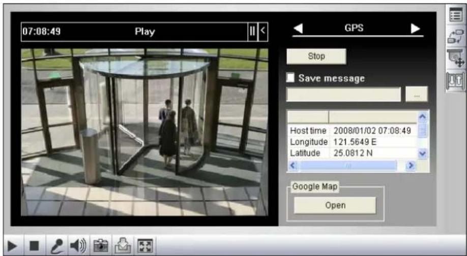 07:08:49 Play GPS Stop Save message Host time 2008/01/02 07:08:49 Longitude 121.5649 E Latitude 25.0812 N Google Map Open