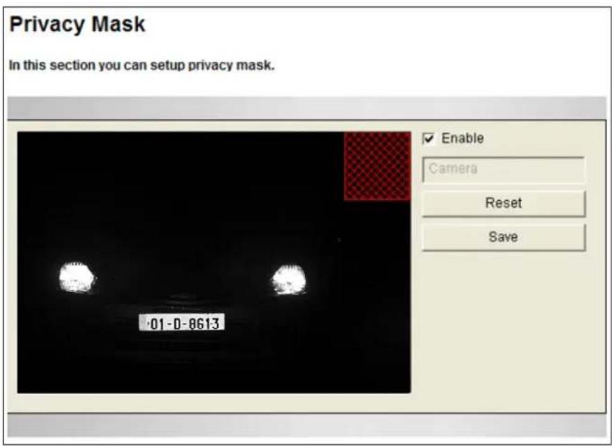 Privacy Mask In this section you can setup privacy mask. ■ Enable Camera Reset Save 01-0-8613
