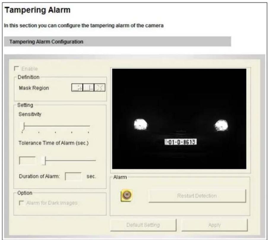 Tampering Alarm In this section you can configure the tampering alarm of the camera Tampering Alarm Configuration Enable Definition Mask Region Setting Sensitivity Tolerance Time of Alarm (sec.) Duration of Alarm: sec. Option Alarm for Dark Images 01-0-8613 Alarm Restart Detection Default Setting Apply