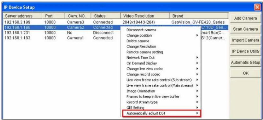 IP Device Setup Server address Port Cam. NO. Status Video Resolution Brand 192.168.3.199 10000 Camera3 Connected 2048x1944(H264) GeoVision_GV-FE420_Series 192.168.1.165 10000 Camera2 Connected 192.168.1.231 10000 No Disconnect 192.168.1.183 10000 Camera1 Connected Disconnect camera Change position Delete camera Change Resolution Remote camera setting Network Time Out On Demand Display Change live view codec Change record codec Live view frame rate control (Sub stream) Live view frame rate control (Main stream) Image Orientation Frames to keep in live view buffer Record stream type GIS Setting Automatically adjust DST Add Camera Scan Camera Import Camera IP Device Utility Automatic Setup OK