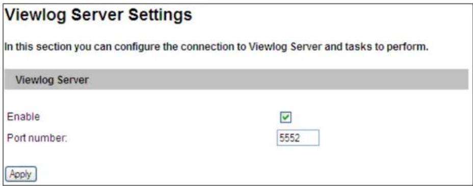 Viewlog Server Settings In this section you can configure the connection to Viewlog Server and tasks to perform. Viewlog Server Enable Port number: 5552 Apply
