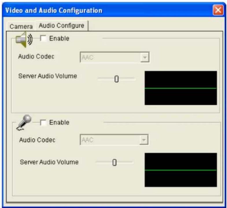 Video and Audio Configuration Camera Audio Configure Enable Audio Codec AAC Server Audio Volume 0 Enable Audio Codec AAC Server Audio Volume 0
