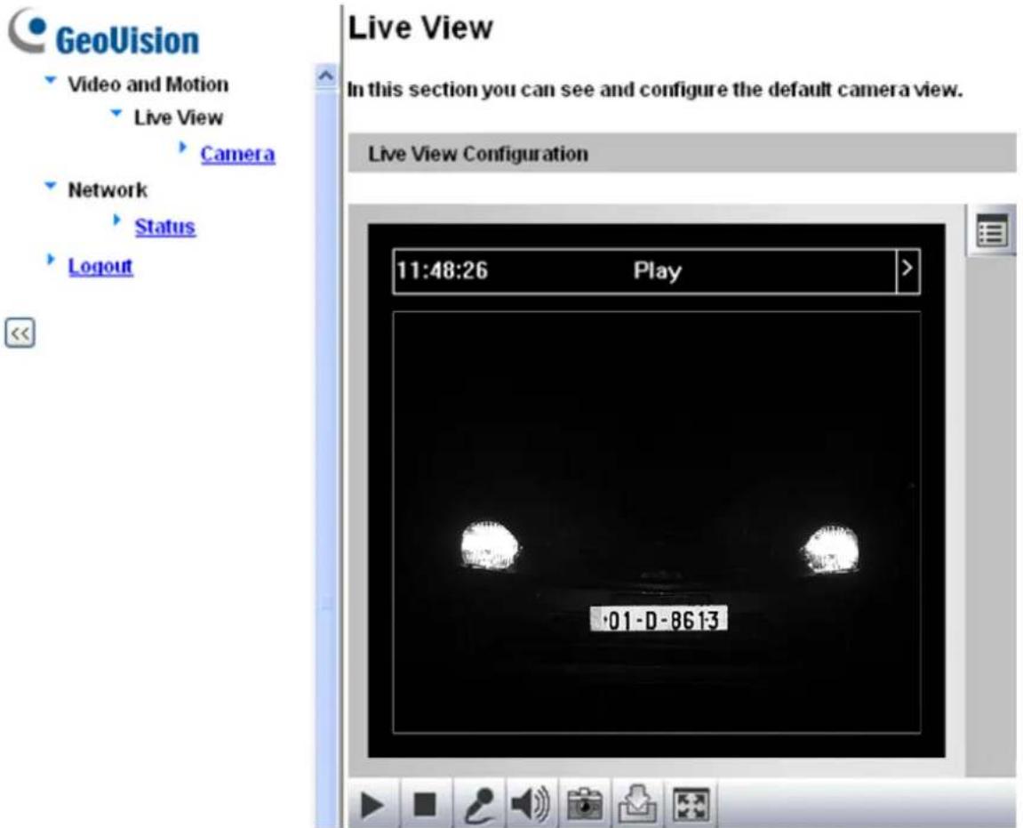 GeoVision Video and Motion Live View Camera Network Status Logout Live View In this section you can see and configure the default camera view. Live View Configuration 11:48:26 Play > 01-D-8613
