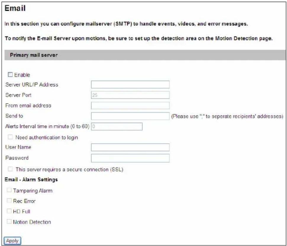 Email In this section you can configure mailserver (SMTP) to handle events, videos, and error messages. To notify the E-mail Server upon motions, be sure to set up the detection area on the Motion Detection page. Primary mail server Enable Server URL/IP Address Server Port 25 From email address Send to (Please use "," to separate recipients' addresses) Alerts Interval time in minute (0 to 80) 0 Need authentication to login User Name Password This server requires a secure connection (SSL) Email - Alarm Settings Tampering Alarm Rec Error HD Full Motion Detection Apply