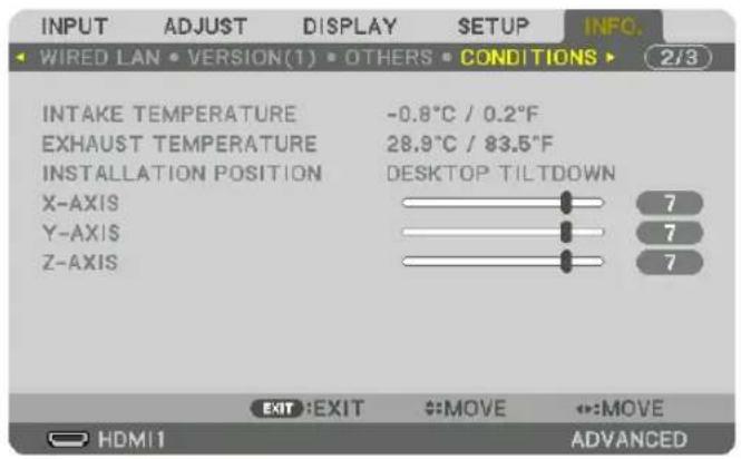 INPUT ADJUST DISPLAY SETUP INFO. Wired LAN VERSION(1) OTHERS CONDITIONS 2/3 INTAKE TEMPERATURE -0.8°C / 0.2°F EXHAUST TEMPERATURE 28.9°C / 83.5°F INSTALLATION POSITION DESKTOP TILTDOWN X-AXIS 7 Y-AXIS 7 Z-AXIS 7 EXIT:EXIT MOVE MOVE HDMI1 ADVANCED