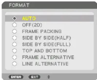 FORMAT AUTO OFF(2D) FRAME PACKING SIDE BY SIDE(HALF) SIDE BY SIDE(FULL) TOP AND BOTTOM FRAME ALTERNATIVE LINE ALTERNATIVE ENTER EXIT