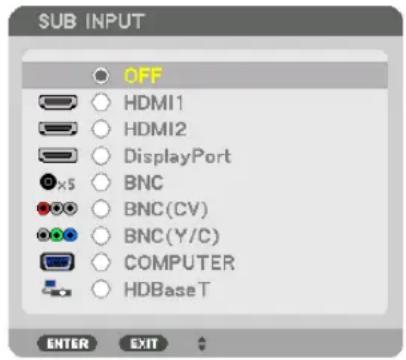 SUB INPUT OFF HDMI1 HDMI2 DisplayPort BNC BNC(CV) BNC(Y/C) COMPUTER HDBaseT ENTER EXIT