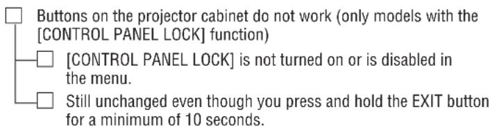 Buttons on the projector cabinet do not work (only models with the [CONTROL PANEL LOCK] function) [CONTROL PANEL LOCK] is not turned on or is disabled in the menu. Still unchanged even though you press and hold the EXIT button for a minimum of 10 seconds.