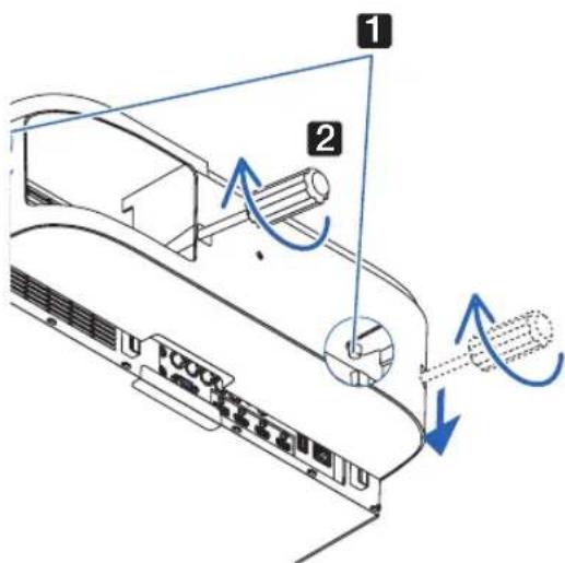 Diagram of a device with labeled parts and directional arrows indicating motion or flow, showing components like '1' and '2'.