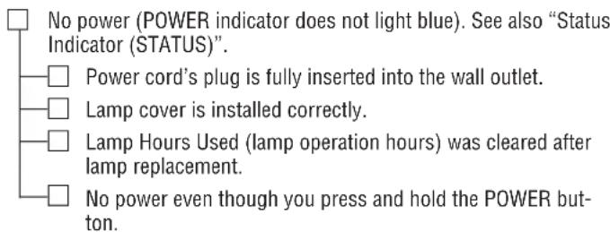 No power (POWER indicator does not light blue). See also "Status Indicator (STATUS)". Power cord's plug is fully inserted into the wall outlet. Lamp cover is installed correctly. Lamp Hours Used (lamp operation hours) was cleared after lamp replacement. No power even though you press and hold the POWER button.