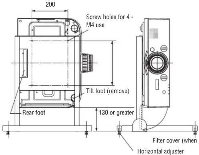 200 Screw holes for 4 - M4 use Tilt foot (remove) Rear foot 130 or greater Filter cover (when Horizontal adjuster