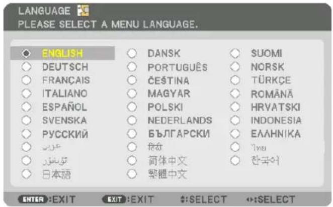 LANGUAGE PLEASE SELECT A MENU LANGUAGE. ENGLISH DEUTSCH FRANÇAIS ITALIANO ESPAÑOL SVENSKA PYCCKIÑ عربية تويغuran 日本語 DANSK PORTUGUÊS ČEŠTINA MAGYAR POLSKI NEDERLANDS БЪЛГАРСКИ شิต 简体中文 繁體中文 SUOMI NORSK TÜRKÇE ROMÄNÄ HRVATSKI INDONESIA ЕЛАННИКА الله 한국어 ENTER :EXIT EXIT :EXIT #:SELECT #:SELECT