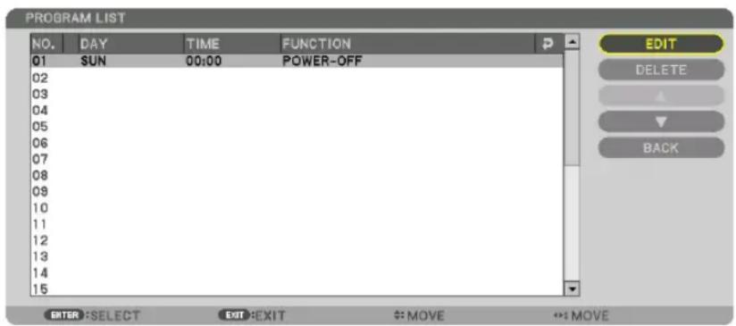 PROGRAM LIST NO. DAY TIME FUNCTION 01 SUN 00:00 POWER-OFF 02 03 04 05 06 07 08 09 10 11 12 13 14 15 EDIT DELETE BACK ENTER:SELECT EXIT:EXIT #:MOVE #:MOVE