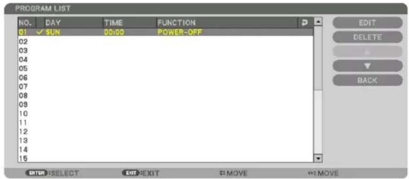PROGRAM LIST NO. DAY TIME FUNCTION 01 ✓ SUN 00:00 POWER-OFF EDIT DELETE BACK SITER: SELECT EXIT: EXIT # move #:MOVE