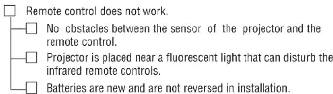 Remote control does not work. No obstacles between the sensor of the projector and the remote control. Projector is placed near a fluorescent light that can disturb the infrared remote controls. Batteries are new and are not reversed in installation.