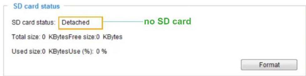 SD card status SD card status: Detached — no SD card Total size: 0 KBytesFree size:0 KBytes Used size:0 KBytesUse (%): 0 % Format