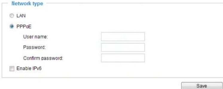 Network type LAN PPPoE User name: Password: Confirm password: Enable IPv6 Save