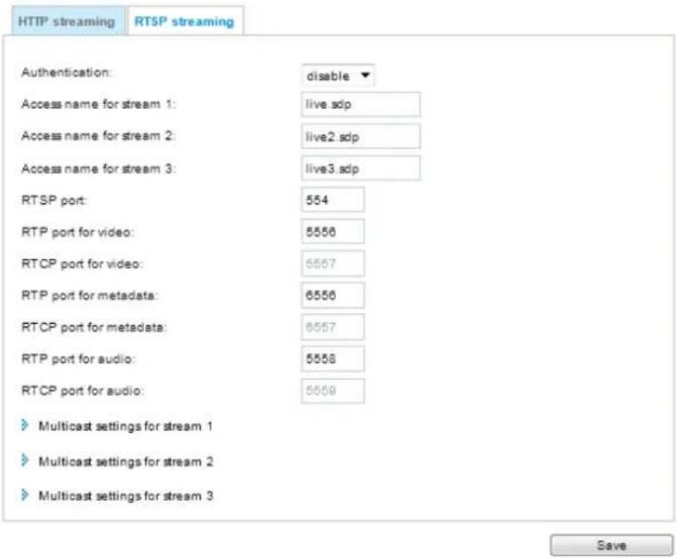 HTTP streaming RTSP streaming Authentication: disable Access name for stream 1: live sdp Access name for stream 2: live2.sdp Access name for stream 3: live3.sdp RTSP port: 554 RTP port for video: 5556 RTCP port for video: 5557 RTP port for metadata: 6556 RTCP port for metadata: 6557 RTP port for audio: 5558 RTCP port for audio: 5559 Multicast settings for stream 1 Multicast settings for stream 2 Multicast settings for stream 3 Save