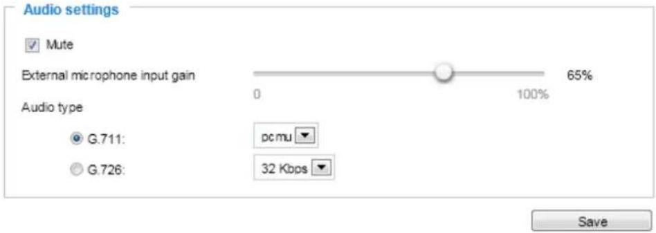 Audio settings ✓ Mute External microphone input gain 65% 0 100% Audio type G.711: pc mu G.726: 32 Kbps Save
