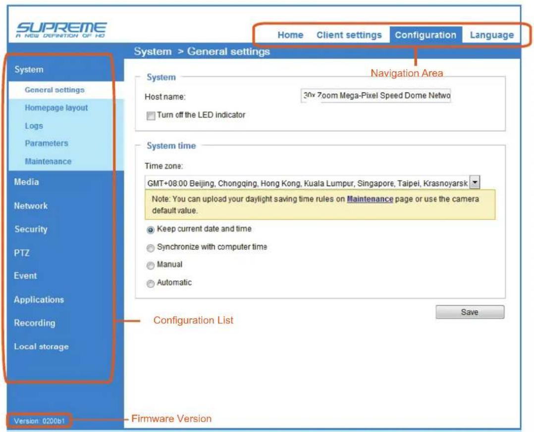 SUPREME A NEW DEFINITION OF HD Home Client settings Configuration Language System > General settings System Navigation Area Host name: 30x 700 Mega-Pixel Speed Dome Netwo Turn off the LED indicator System time Time zone: GMT+08:00 Beijing, Chongqing, Hong Kong, Kuala Lumpur, Singapore, Taipei, Krasnoyarsk Note: You can upload your daylight saving time rules on Maintenance page or use the camera default value. Keep current date and time Synchronize with computer time Manual Automatic Configuration List Save Version: 0200b1 Firmware Version