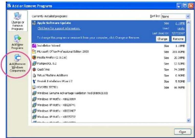 Add or Remove Programs Currently installed programs: Sort by: Name Apple Software Update Click here for support information. To change this program or remove it from your computer, click Change or Remove. Size 2.1MB Used family Last Used On 7/27/2007 Change Remove Installation Wizard Microsoft Office Professional Edition 2003 Mozilla Firefox (2.0.0.6) PostgreSQL 8.2 QuickTime Virtual Machine Addibons Vivtek Installation Wizard 2 VYOTEK ST7501 Windows Genuine Advantage Validation Tool (KB892130) Windows XP Hotfix - KB823559 Windows XP Hotfix - KB828741 Windows XP Hotfix - KB833407 Windows XP Hotfix - KB835732 Coge