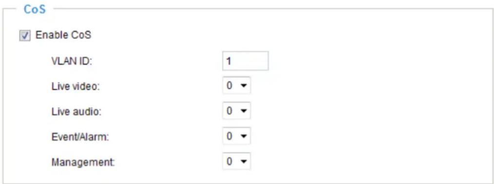 CoS Enable CoS VLAN ID: 1 Live video: 0 Live audio: 0 Event/Alarm: 0 Management: 0