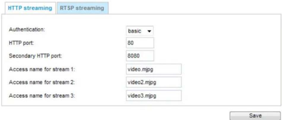 HTTP streaming RTSP streaming Authentication: basic HTTP port: 80 Secondary HTTP port: 8080 Access name for stream 1: video.mjpg Access name for stream 2: video2.mjpg Access name for stream 3: video3.mjpg Save