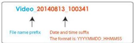 Video_20140813_100341 File name prefix Date and time suffix The format is: YYYYMMDD_HHMMSS