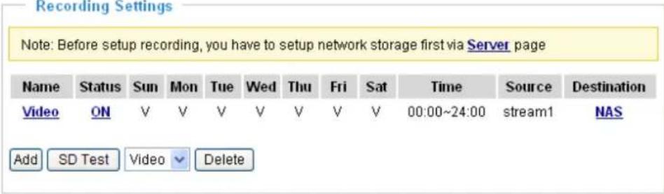 Recording Settings Note: Before setup recording, you have to setup network storage first via Server page Name Status Sun Mon Tue Wed Thu Fri Sat Time Source Destination Video ON V V V V V V V V 00:00~24:00 sream1 NAS Add SD Test Video Delete