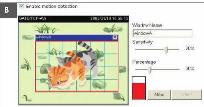 Enable motion detection DATE(TCP-AV) 2003/01/10 16:58:43 Window Name windowA Sensitivity 70% Percentage 30% New Save