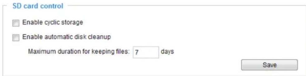 SD card control Enable cyclic storage Enable automatic disk cleanup Maximum duration for keeping files: 7 days Save
