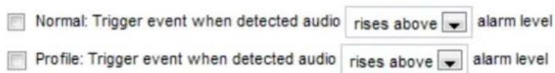 Normal: Trigger event when detected audio rises above alarm level Profile: Trigger event when detected audio rises above alarm level