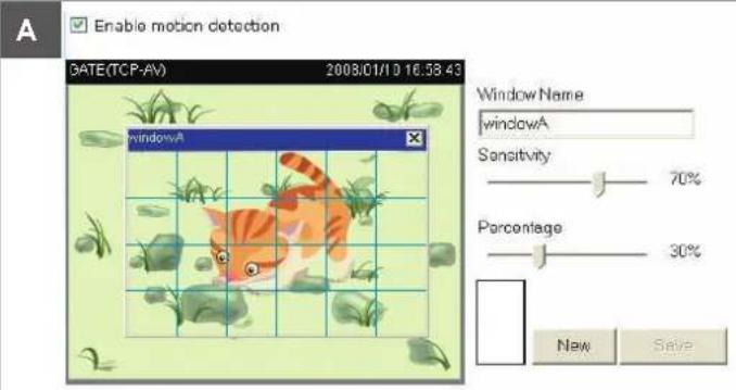 Enable motion detection DATE(TCP-AV) 2008.01/10 16:58:43 Window Name windowA Sensitivity 70% Percentage 30% New Save