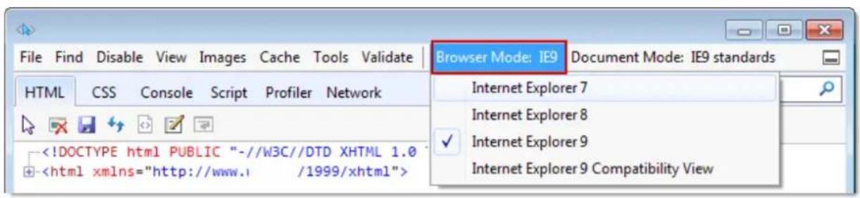 File Find Disable View Images Cache Tools Validate Browser Mode: IE9 Document Mode: IE9 standards HTML CSS Console Script Profiler Network Internet Explorer 7 Internet Explorer 8 Internet Explorer 9 Internet Explorer 9 Compatibility View