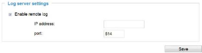 Log server settings Enable remote log IP address: port: 514 Save