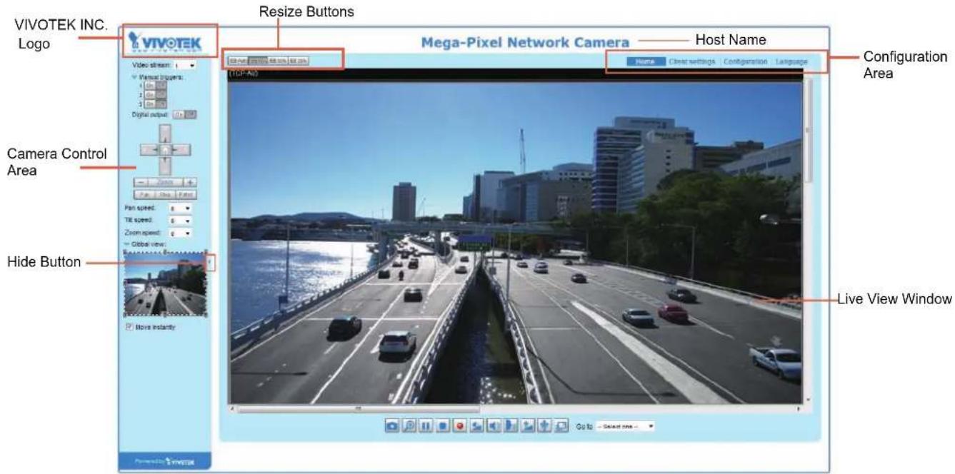 VIVOTEK INC. Logo Resize Buttons VIVOTEK Mega-Pixel Network Camera Host Name Video stream Manual triggers: Digital output Camera Control Area Pan speed: Till speed: Zoom speed: Global view: Hide Button Move instantly Configuration Area Live View Window Go to - Select one -