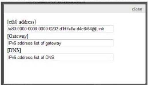 [eth0 address] fe80.0000:0000:0000:0202:d1ffe0e:d4c8/64@Link [Gateway] IPv6 address list of gateway [DNS] IPv6 address list of DNS
