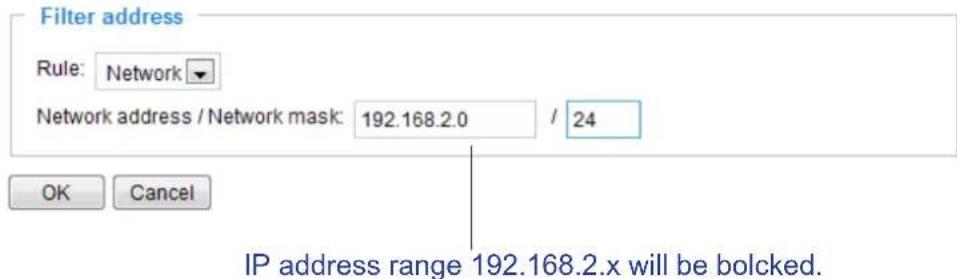 Filter address Rule: Network Network address / Network mask: 192.168.2.0 / 24 OK Cancel IP address range 192.168.2.x will be bolcked.