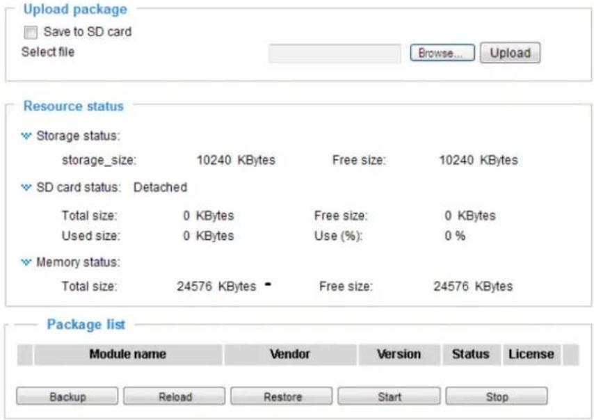 Upload package Save to SD card Select file Browse... Upload Resource status Storage status: storage_size: 10240 KBytes Free size: 10240 KBytes SD card status: Detached Total size: 0 KBytes Free size: 0 KBytes Used size: 0 KBytes Use (%): 0 % Memory status: Total size: 24576 KBytes Free size: 24576 KBytes Package list Module name Vendor Version Status License Backup Reload Restore Start Stop