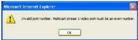 Microsoft Internet Explorer Invalid port number. Multicast stream 1 video port must be an even number. OK