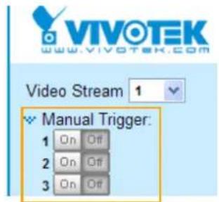VIVOTEK www.vivotek.com Video Stream 1 Manual Trigger: 1 On Off 2 On Off 3 On Off