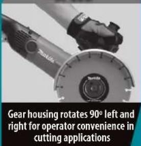 Gear housing rotates 90° left and right for operator convenience in cutting applications