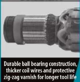 Durable ball bearing construction, thicker coil wires and protective zig-zag varnish for longer tool life