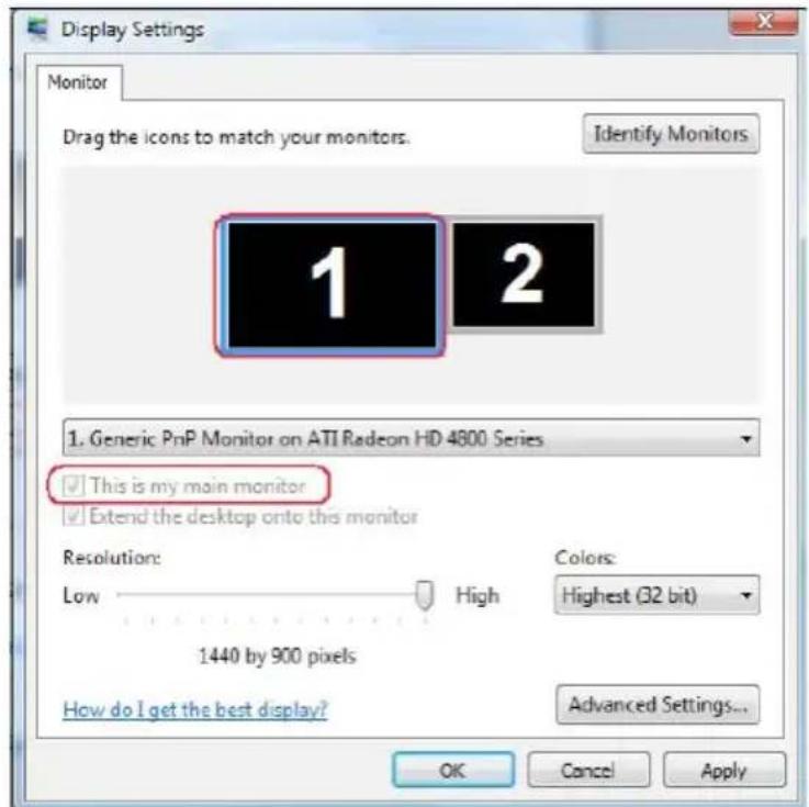 Display Settings Monitor Drag the icons to match your monitors. Identify Monitors 1 2 1. Generic PnP Monitor on ATI Radeon HD 4800 Series ✓ This is my main monitor ✓ Extend the desktop onto this monitor Resolution: Low High Colors: Highest (32 bit) 1440 by 900 pixels How do I get the best display? Advanced Settings... OK Cancel Apply